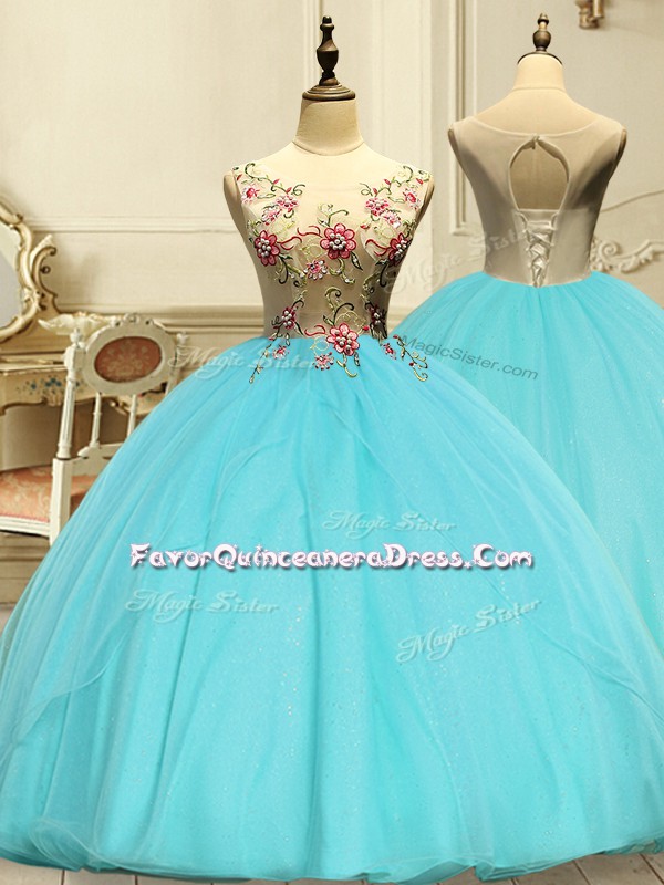 Popular Aqua Blue Ball Gowns Scoop Sleeveless Organza Floor Length Lace Up Appliques Sweet 16 Quinceanera Dress