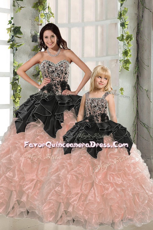 Affordable Ball Gowns Quince Ball Gowns Peach Sweetheart Organza Sleeveless Floor Length Lace Up