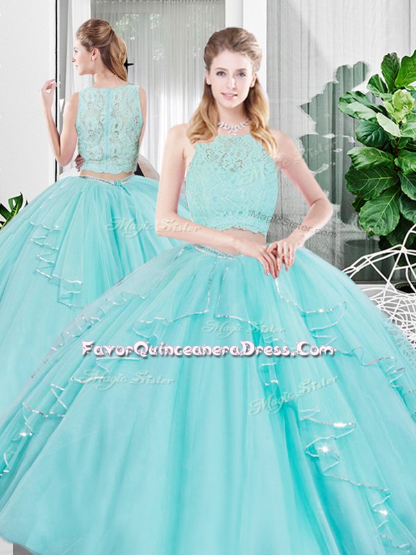 High Quality Two Pieces Quince Ball Gowns Aqua Blue Scoop Tulle Sleeveless Floor Length Zipper