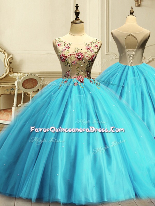 Gorgeous Appliques and Sequins Quince Ball Gowns Aqua Blue Lace Up Sleeveless Floor Length