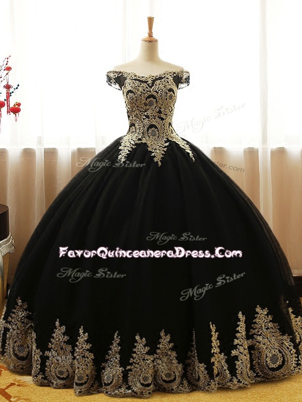  Off The Shoulder Sleeveless Lace Up 15th Birthday Dress Black Tulle
