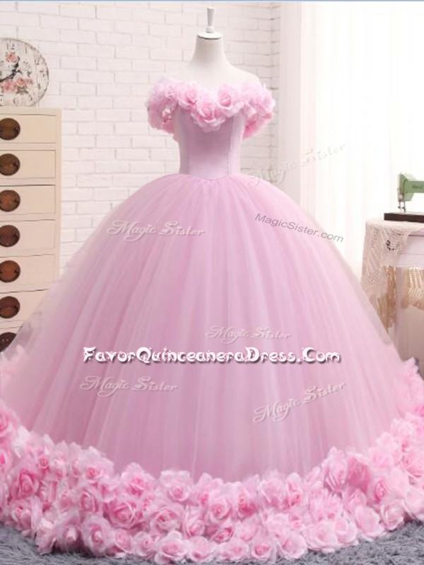  Baby Pink Sleeveless Hand Made Flower Lace Up Sweet 16 Quinceanera Dress