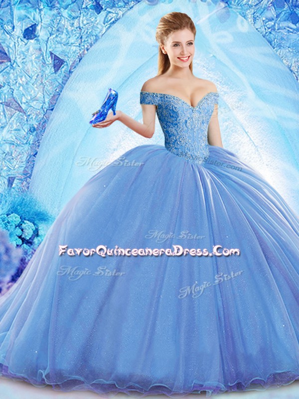  Organza Off The Shoulder Sleeveless Brush Train Lace Up Beading Quince Ball Gowns in Blue