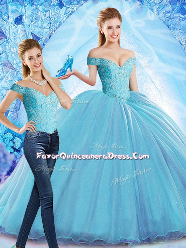  Baby Blue Two Pieces Beading Quinceanera Dress Lace Up Organza Sleeveless