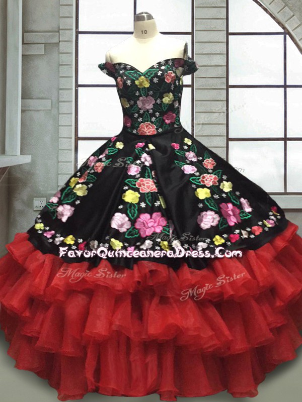  Off The Shoulder Sleeveless Lace Up Quinceanera Dress Red And Black Organza and Taffeta