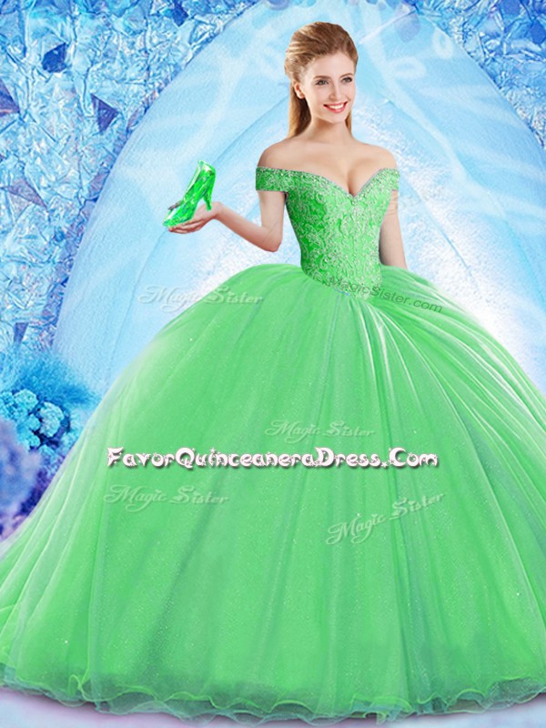 Traditional Green Lace Up 15 Quinceanera Dress Beading Sleeveless Brush Train