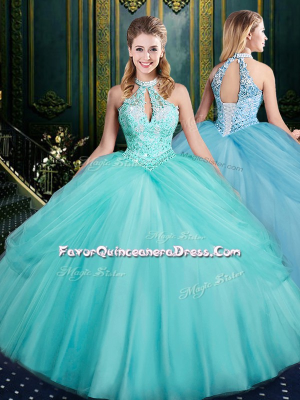  Sleeveless Tulle Floor Length Lace Up Quince Ball Gowns in Aqua Blue with Beading and Pick Ups