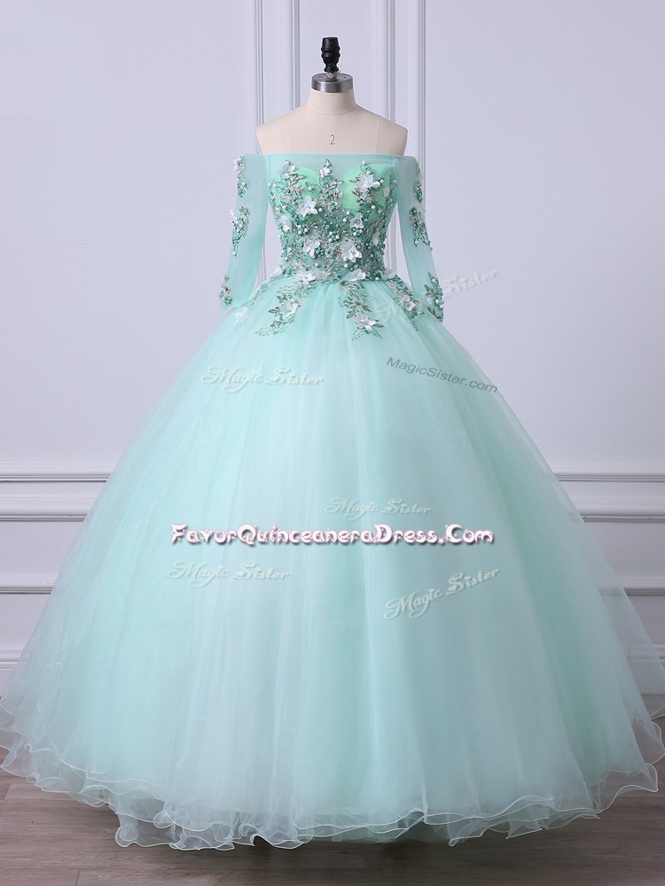 Romantic Apple Green Ball Gowns Tulle Off The Shoulder 3 4 Length Sleeve Beading Floor Length Lace Up Sweet 16 Dress