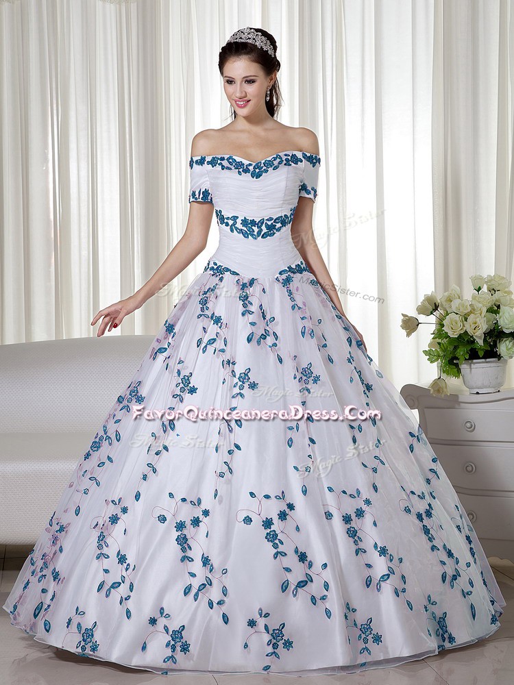 Adorable White Ball Gowns Organza Off The Shoulder Short Sleeves Embroidery Floor Length Lace Up 15 Quinceanera Dress