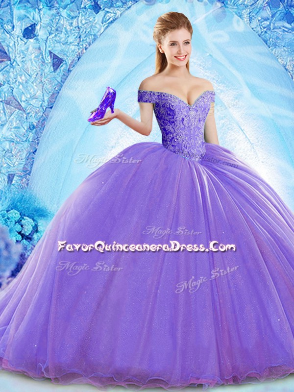  Brush Train Ball Gowns Sweet 16 Dress Lavender Off The Shoulder Organza Sleeveless Lace Up