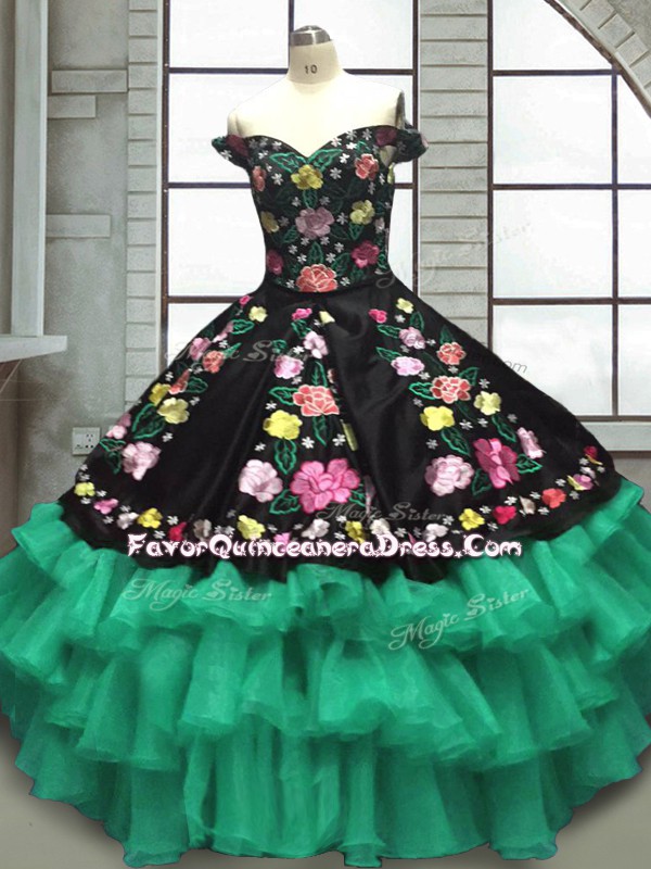  Multi-color Sleeveless Embroidery and Ruffled Layers Floor Length 15th Birthday Dress