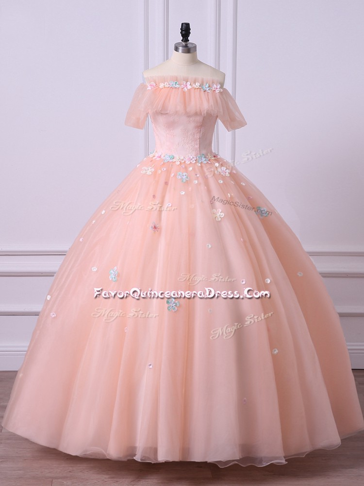Custom Fit Peach Short Sleeves Lace and Appliques Floor Length Quince Ball Gowns