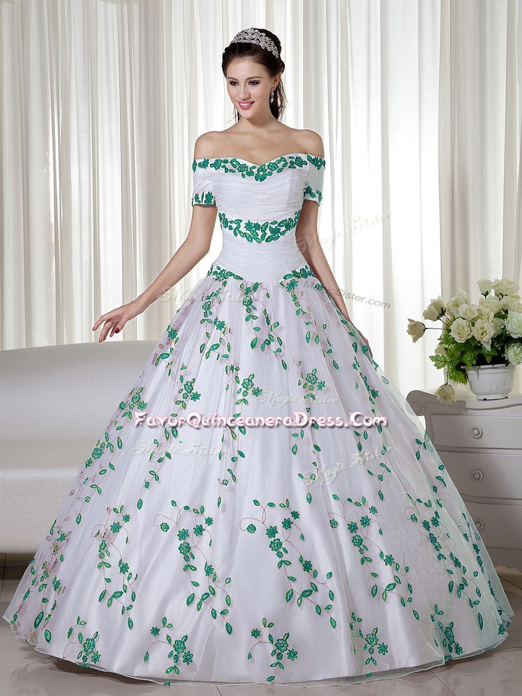  White Sweet 16 Quinceanera Dress Military Ball and Sweet 16 and Quinceanera with Embroidery Off The Shoulder Short Sleeves Lace Up