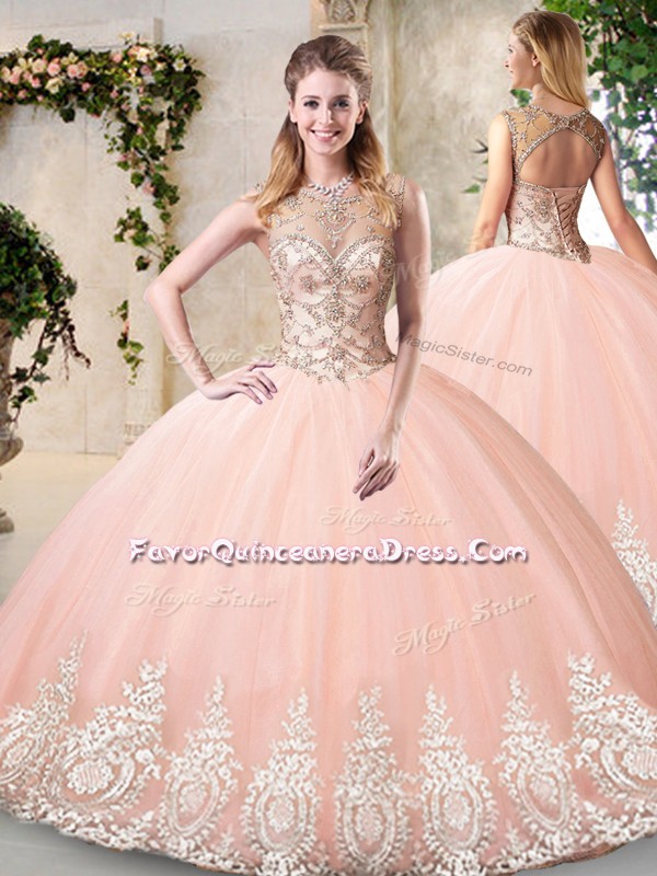 High Quality Peach Scoop Neckline Beading and Appliques Sweet 16 Dresses Sleeveless Backless