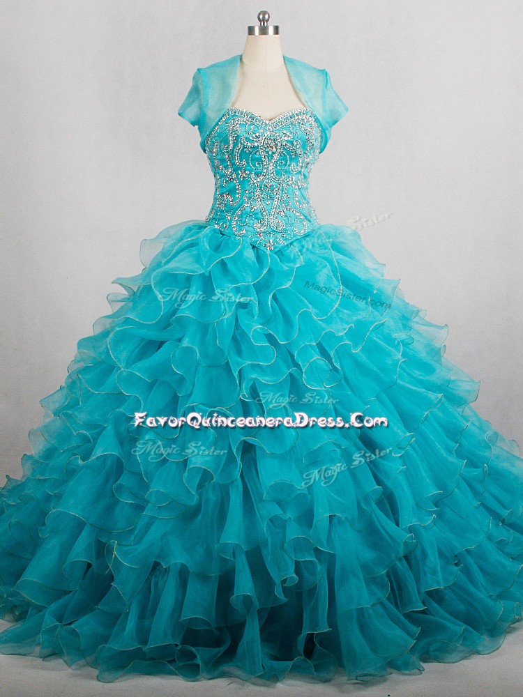  Organza Sweetheart Sleeveless Brush Train Lace Up Beading and Ruffles Ball Gown Prom Dress in Aqua Blue