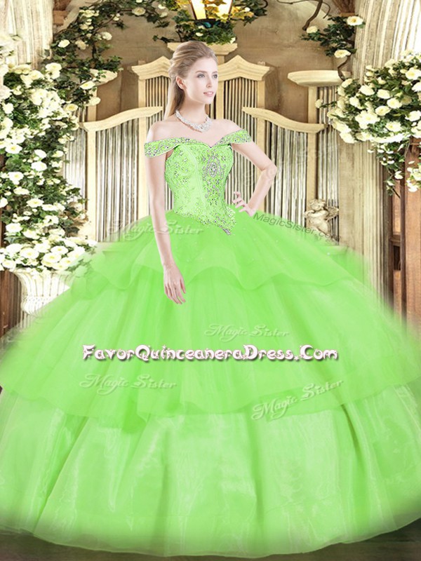 Best Selling Sleeveless Organza Floor Length Lace Up Quinceanera Gowns in with Beading and Ruffled Layers