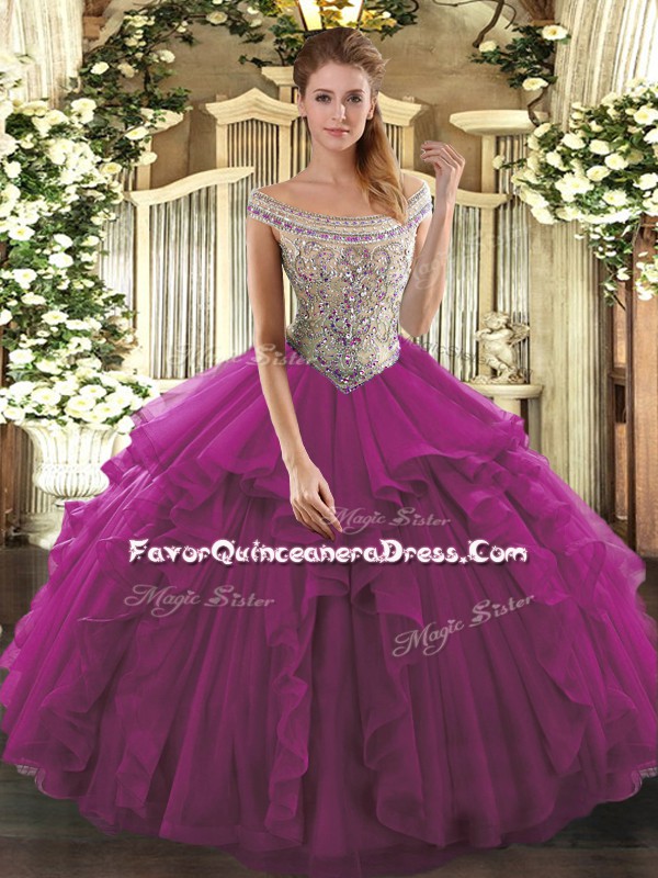 Best Selling Fuchsia Ball Gowns Organza Off The Shoulder Sleeveless Beading and Ruffles Floor Length Lace Up Sweet 16 Dresses