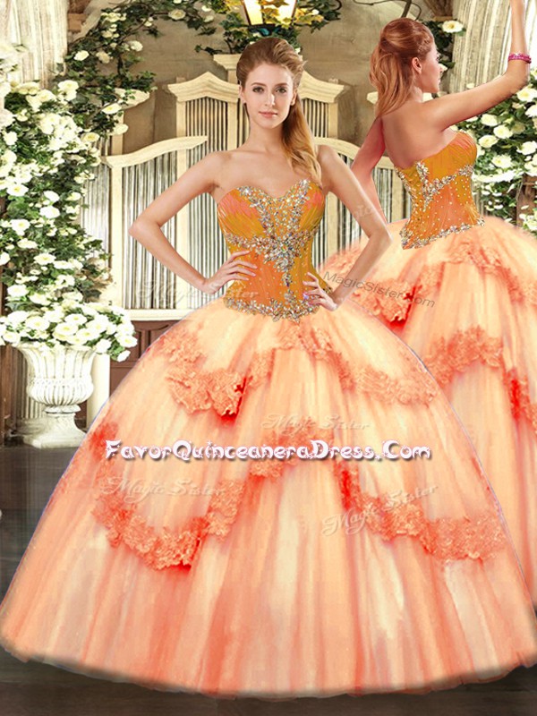  Peach Tulle Lace Up Quinceanera Dress Sleeveless Floor Length Beading