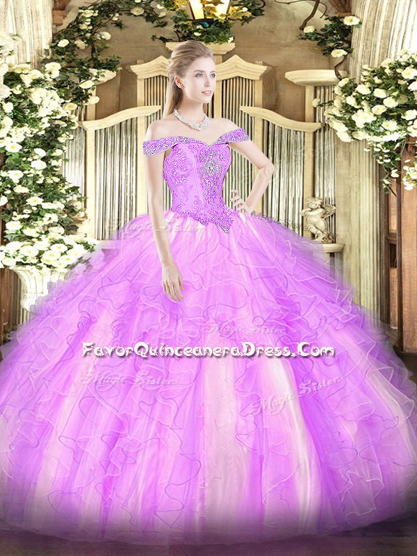 Flirting Sleeveless Lace Up Floor Length Beading and Ruffles Quince Ball Gowns