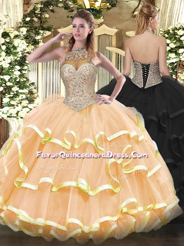 Pretty Floor Length Peach Sweet 16 Dress Organza Sleeveless Beading and Ruffled Layers