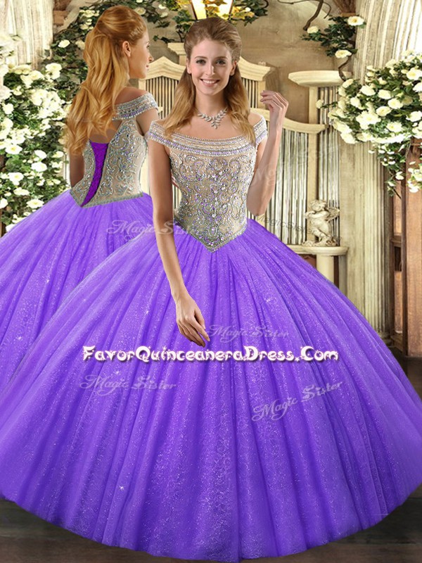 Modern Ball Gowns Quince Ball Gowns Lavender Off The Shoulder Tulle Sleeveless Floor Length Lace Up