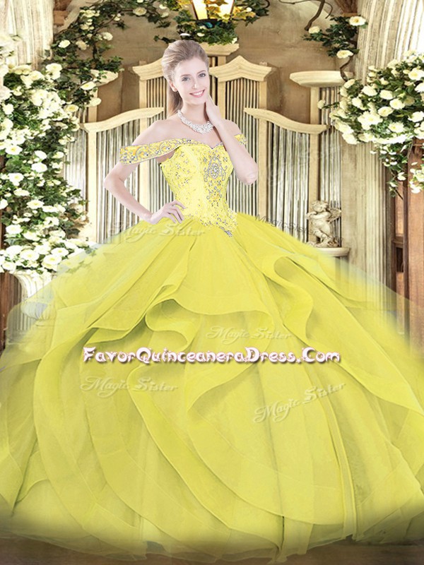  Floor Length Yellow Ball Gown Prom Dress Tulle Sleeveless Beading and Ruffles
