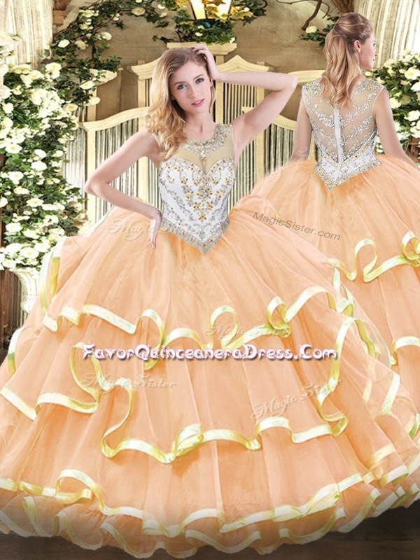 Free and Easy Sleeveless Floor Length Beading and Ruffled Layers Zipper Quince Ball Gowns with Peach