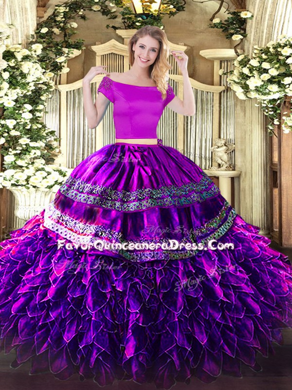  Short Sleeves Floor Length Embroidery and Ruffles Zipper Sweet 16 Dresses with Eggplant Purple