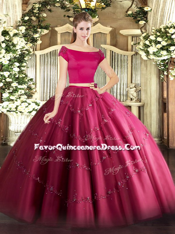  Hot Pink Short Sleeves Appliques Floor Length 15th Birthday Dress