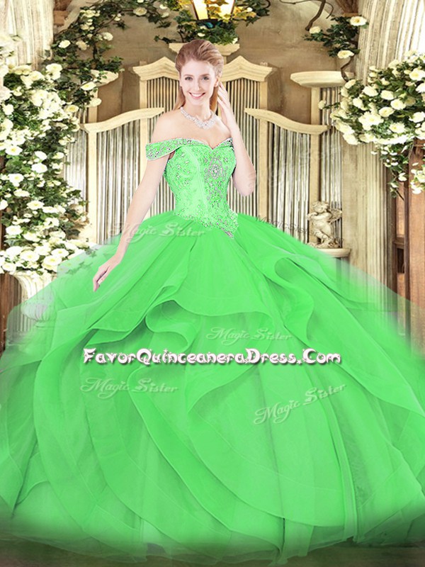Simple Green Sleeveless Floor Length Beading and Ruffles Lace Up 15 Quinceanera Dress