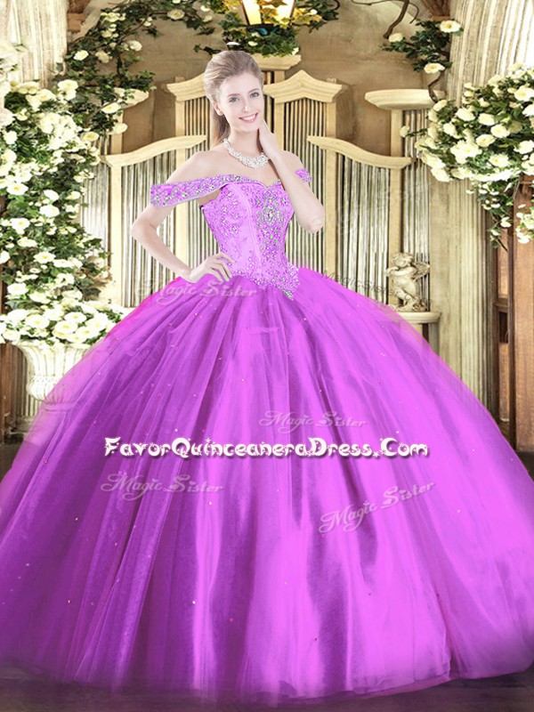  Off The Shoulder Sleeveless 15th Birthday Dress Floor Length Beading Lilac Tulle