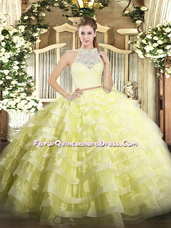  Yellow Sweet 16 Dresses Military Ball and Sweet 16 and Quinceanera with Lace and Ruffled Layers Scoop Sleeveless Zipper