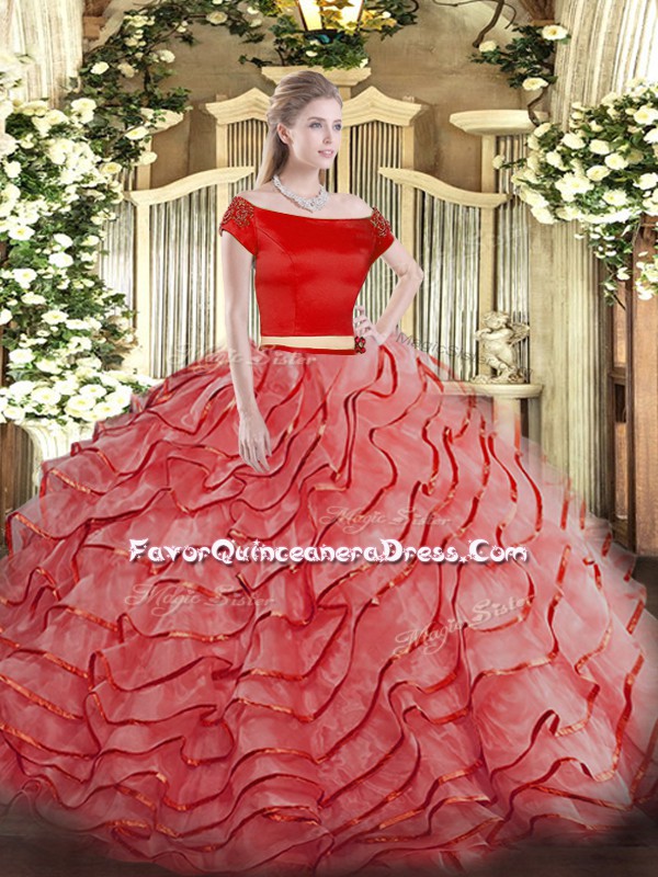 High Class Coral Red Short Sleeves Brush Train Ruffled Layers Sweet 16 Quinceanera Dress