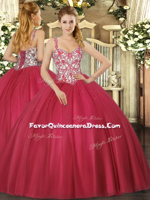  Coral Red Sleeveless Tulle Lace Up Quinceanera Gown for Sweet 16 and Quinceanera