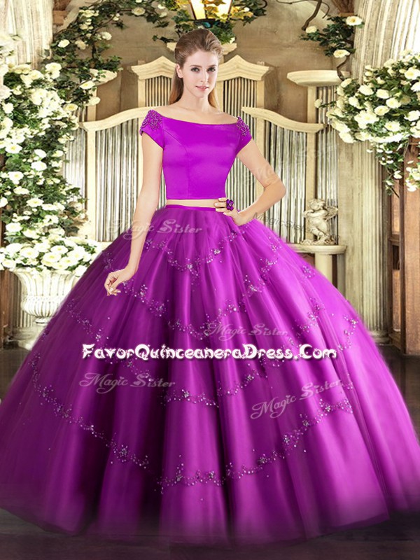 Superior Off The Shoulder Short Sleeves Tulle Ball Gown Prom Dress Appliques Zipper