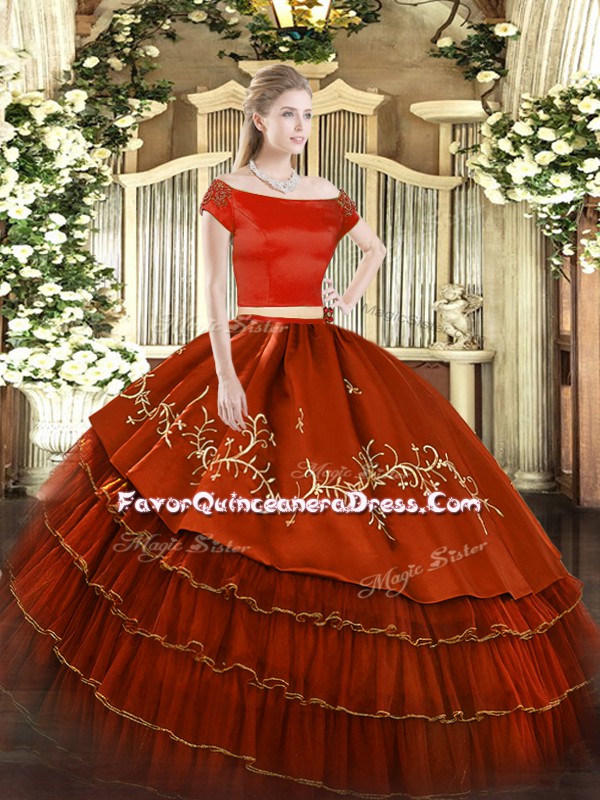 Sexy Floor Length Zipper Quinceanera Dress Rust Red for Military Ball and Sweet 16 and Quinceanera with Embroidery and Ruffled Layers