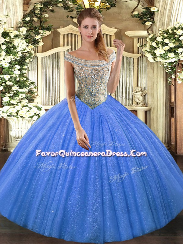  Off The Shoulder Sleeveless Tulle and Sequined Sweet 16 Quinceanera Dress Beading Lace Up