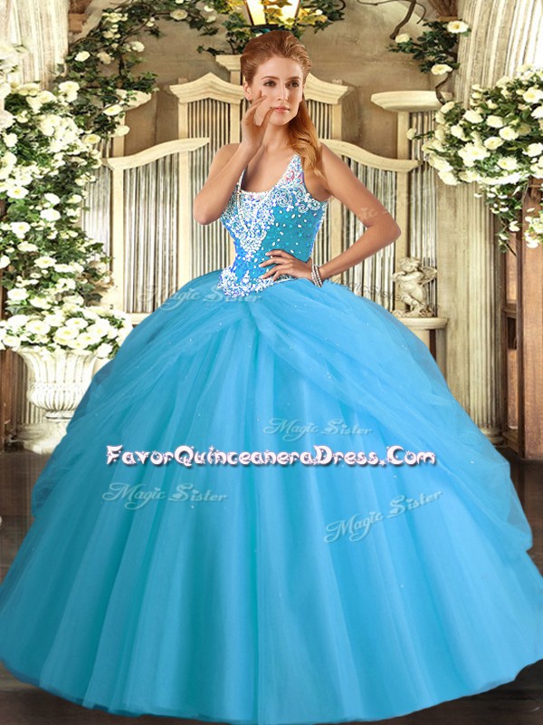 Stylish Floor Length Lace Up Sweet 16 Dresses Aqua Blue for Military Ball and Sweet 16 and Quinceanera with Beading and Pick Ups