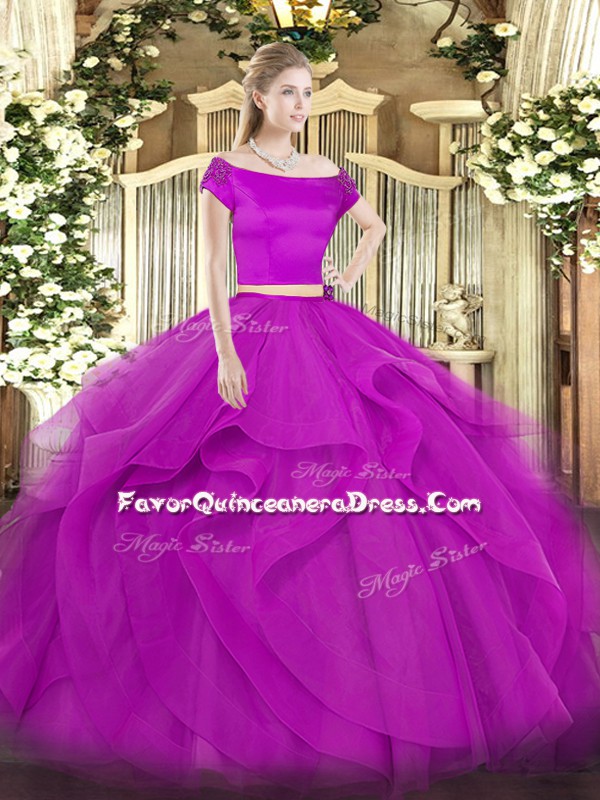  Floor Length Zipper Quinceanera Dresses Fuchsia for Military Ball and Sweet 16 and Quinceanera with Appliques and Ruffles