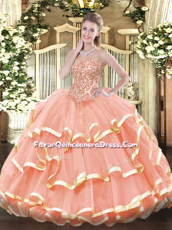 Amazing Peach Organza Lace Up Sweetheart Sleeveless Floor Length Quince Ball Gowns Appliques and Ruffled Layers