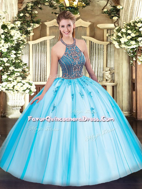 Floor Length Lace Up Quinceanera Gowns Aqua Blue for Sweet 16 and Quinceanera with Beading and Appliques