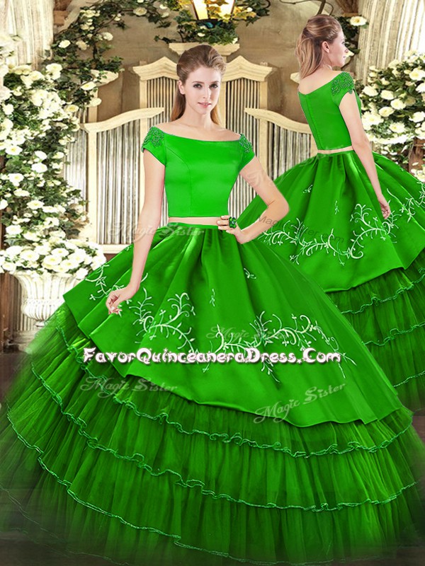 High End Green Off The Shoulder Zipper Embroidery and Ruffled Layers 15 Quinceanera Dress Short Sleeves