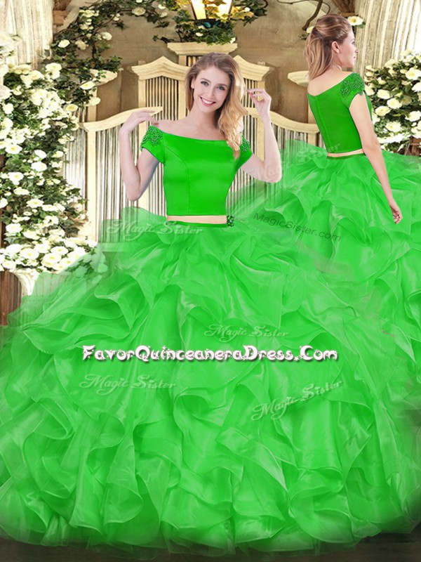 Fitting Floor Length Green 15 Quinceanera Dress Organza Short Sleeves Appliques and Ruffles
