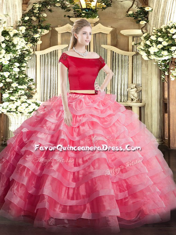 Classical Appliques and Ruffled Layers Quinceanera Dresses Watermelon Red Zipper Short Sleeves Floor Length