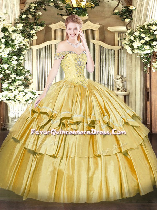  Organza and Taffeta Off The Shoulder Sleeveless Lace Up Beading and Ruffled Layers Sweet 16 Dresses in Gold