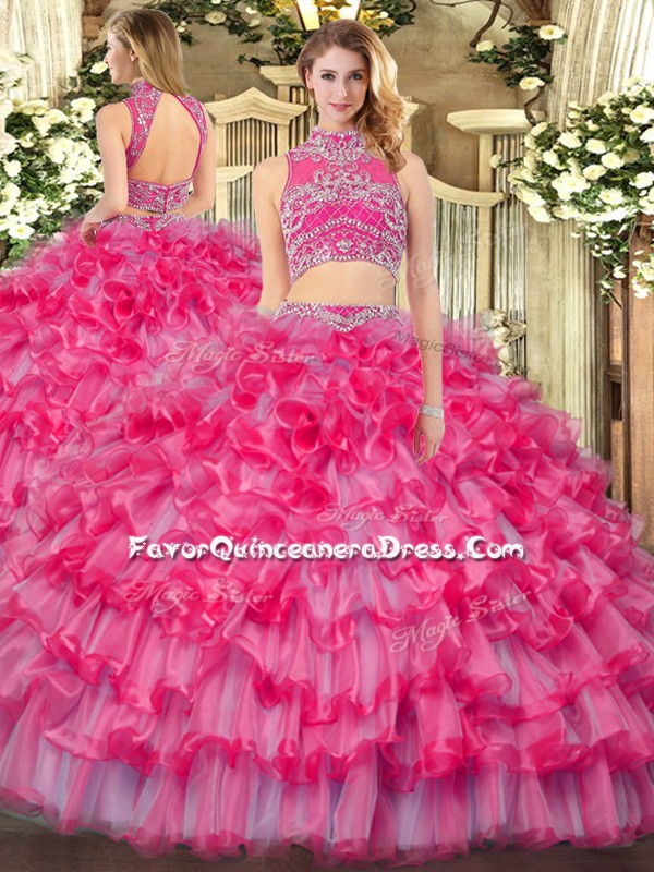 Super Floor Length Backless Sweet 16 Quinceanera Dress Coral Red for Military Ball and Sweet 16 and Quinceanera with Beading and Ruffled Layers