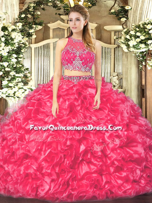 Superior Sleeveless Floor Length Beading and Ruffles Zipper Ball Gown Prom Dress with Coral Red