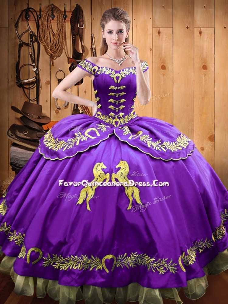 Dramatic Beading and Embroidery Sweet 16 Dress Purple Lace Up Sleeveless Floor Length