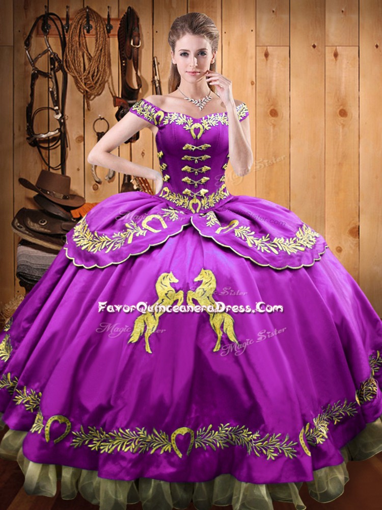 Superior Eggplant Purple Ball Gowns Beading and Embroidery Vestidos de Quinceanera Lace Up Satin and Organza Sleeveless Floor Length