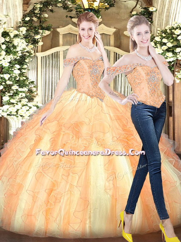 Designer Gold Quinceanera Gowns Military Ball and Sweet 16 and Quinceanera with Beading and Ruffles Off The Shoulder Sleeveless Lace Up